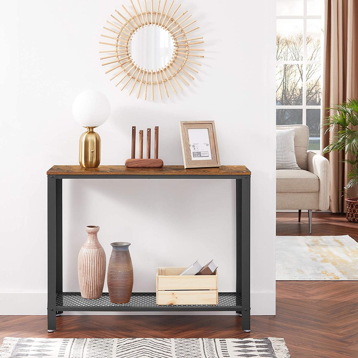 Console Table Metal Frame Rustic Brown - ShopFrenzy