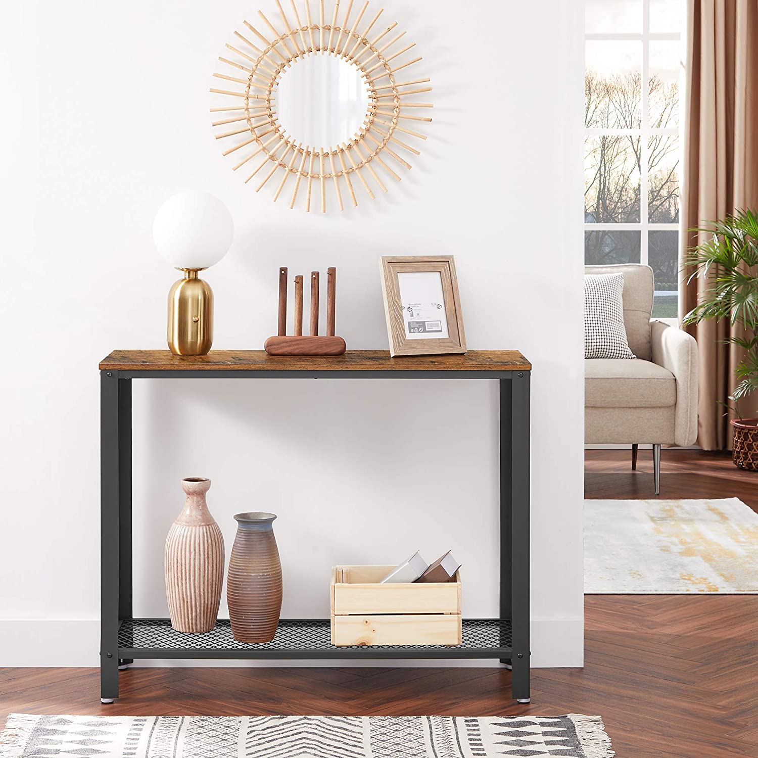 Console Table Metal Frame Rustic Brown - ShopFrenzy