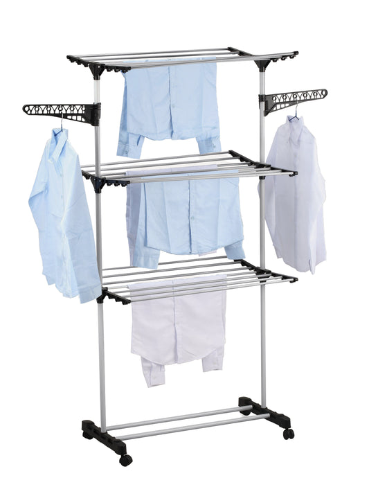 Folding 3 Tier Clothes Laundry Drying Rack with Stainless Steel Tubes for Indoor & Outdoor Home - ShopFrenzy
