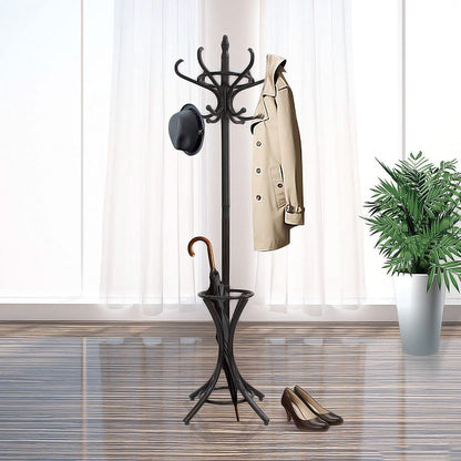 Brown Coat Rack with Stand Wooden Hat and 12 Hooks Hanger Walnut tree - ShopFrenzy