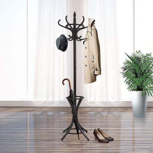 Brown Coat Rack with Stand Wooden Hat and 12 Hooks Hanger Walnut tree - ShopFrenzy