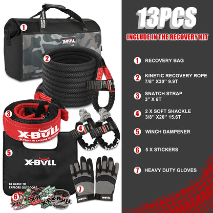 X-BULL Recovery Rope kit Snatch Strap Soft Shackles Hitch receiver Kinetic Tire Deflator - ShopFrenzy