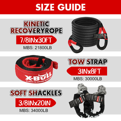 X-BULL Recovery Rope kit Snatch Strap Soft Shackles Hitch receiver Kinetic Tire Deflator - ShopFrenzy