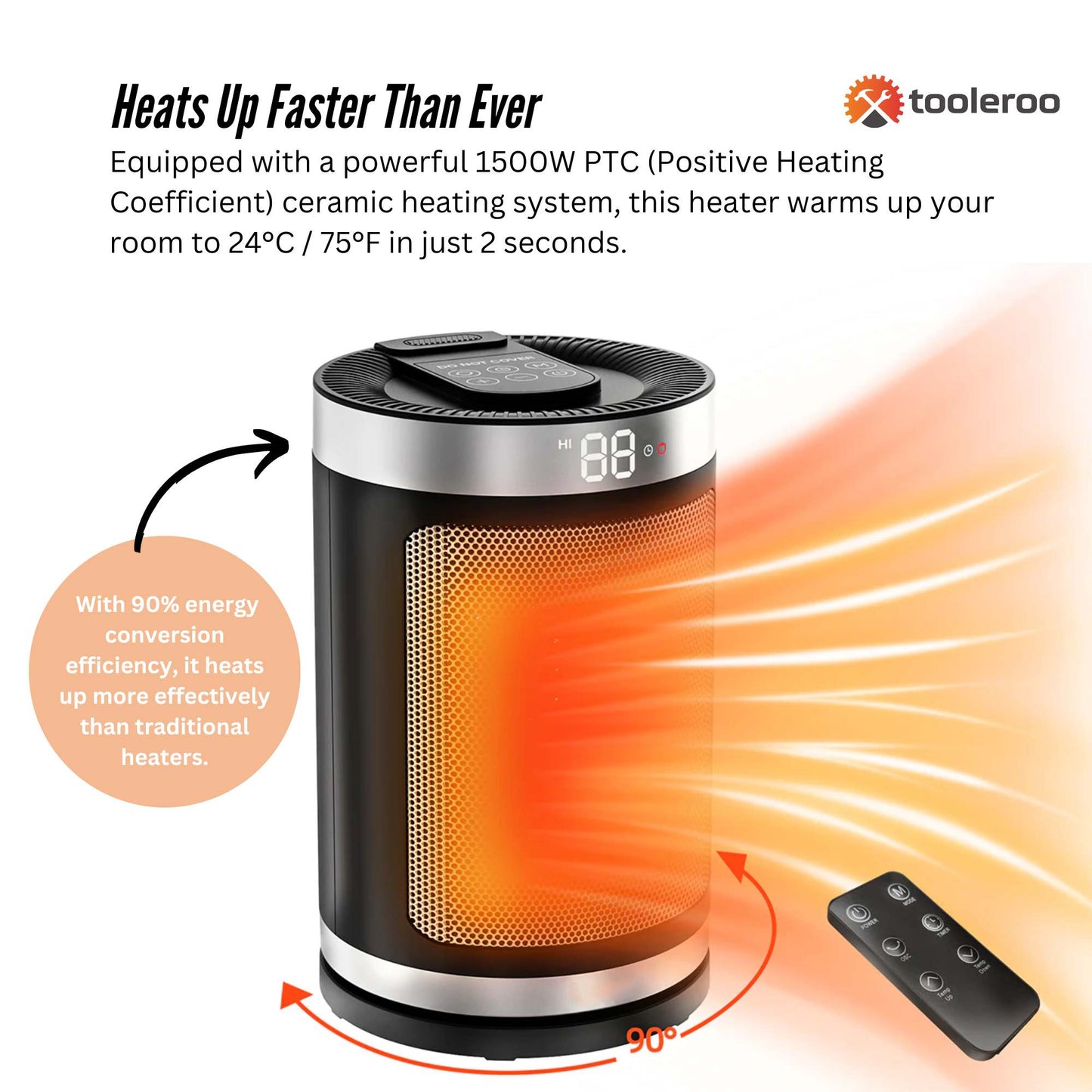 Tooleroo PTC Space Heater + Remote - 1500W Positive Temperature Coefficient - ShopFrenzy