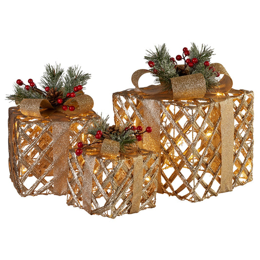 Swishmas Set of 3 Christmas Gift Boxes Display With Lights in Champagne and Gold - ShopFrenzy