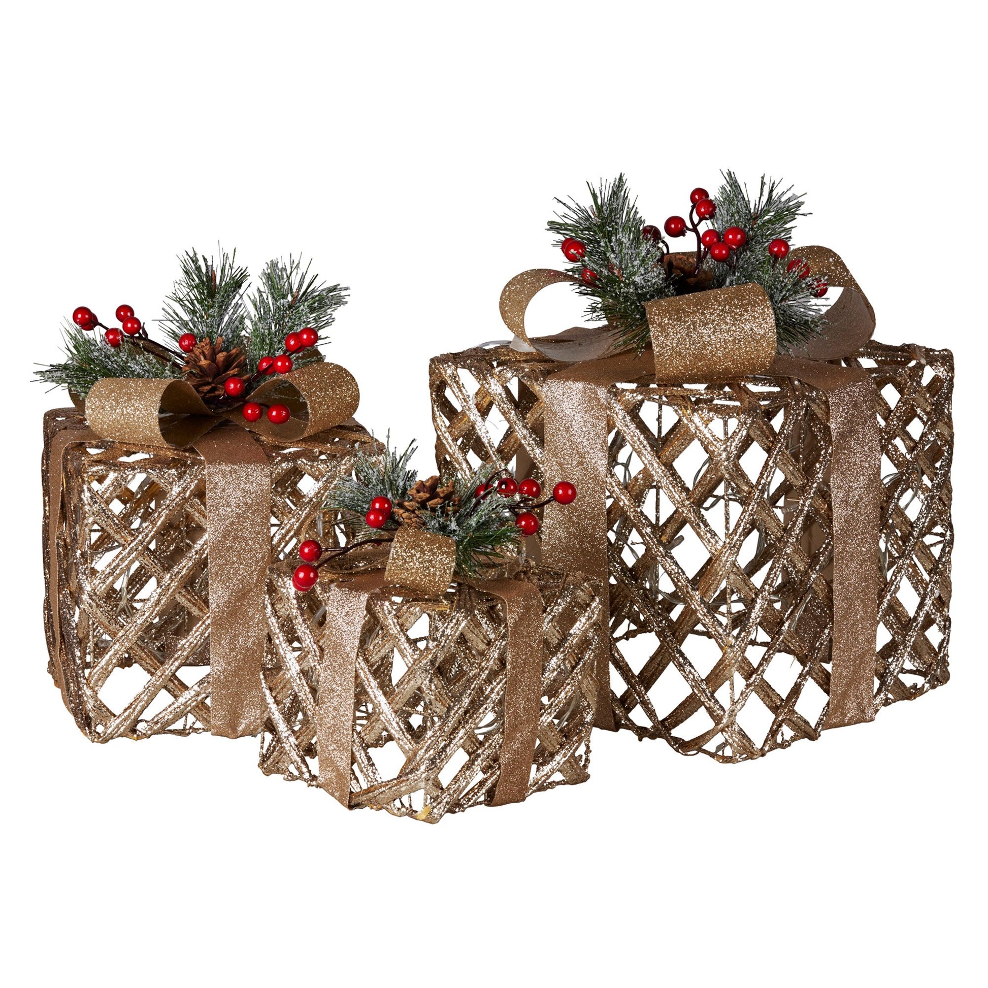 Swishmas Set of 3 Christmas Gift Boxes Display With Lights in Champagne and Gold - ShopFrenzy