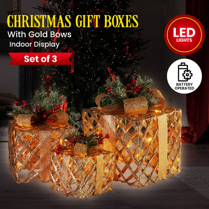 Swishmas Set of 3 Christmas Gift Boxes Display With Lights in Champagne and Gold - ShopFrenzy