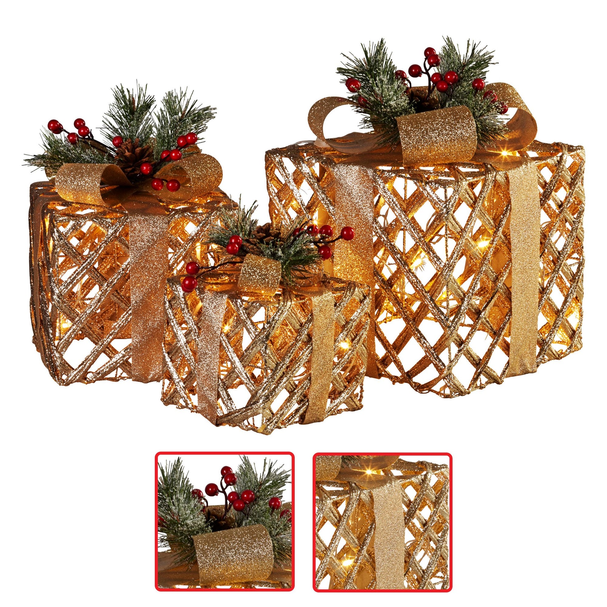 Swishmas Set of 3 Christmas Gift Boxes Display With Lights in Champagne and Gold - ShopFrenzy