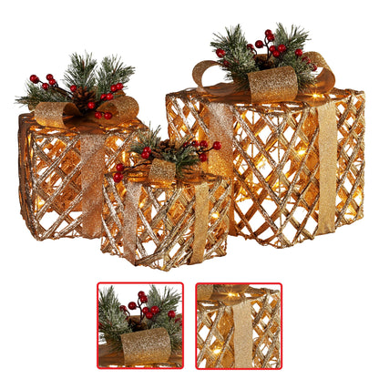 Swishmas Set of 3 Christmas Gift Boxes Display With Lights in Champagne and Gold - ShopFrenzy