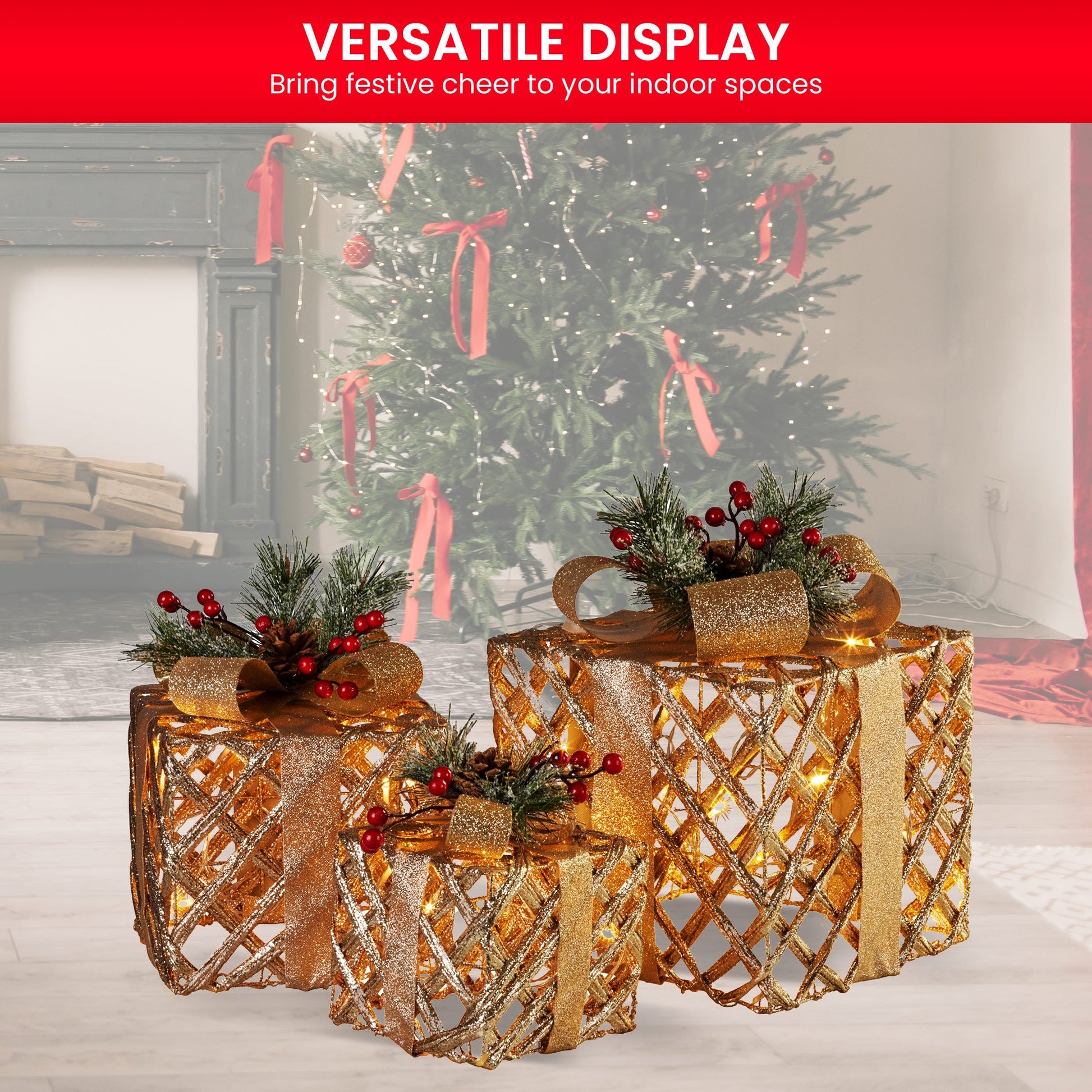 Swishmas Set of 3 Christmas Gift Boxes Display With Lights in Champagne and Gold - ShopFrenzy