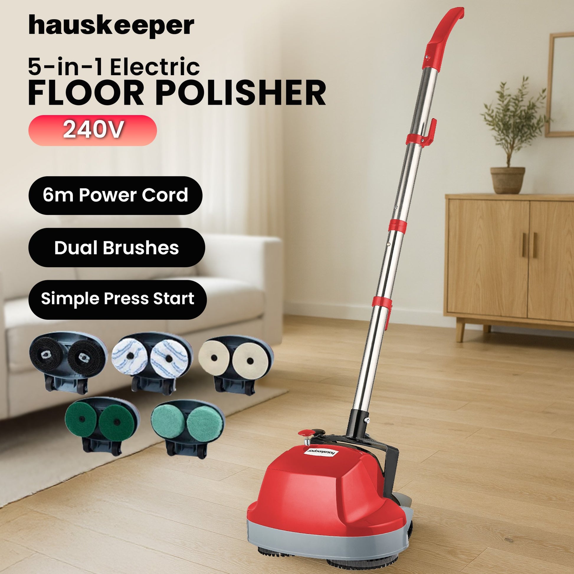 Klika Hauskeeper 5 in 1 Electric 240V Floor Polisher w/ 6M Power Cable Timber Hard Waxer Buffer Cleaner Red - ShopFrenzy