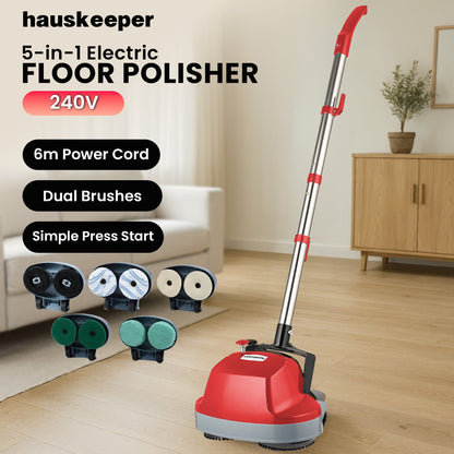 Klika Hauskeeper 5 in 1 Electric 240V Floor Polisher w/ 6M Power Cable Timber Hard Waxer Buffer Cleaner Red - ShopFrenzy