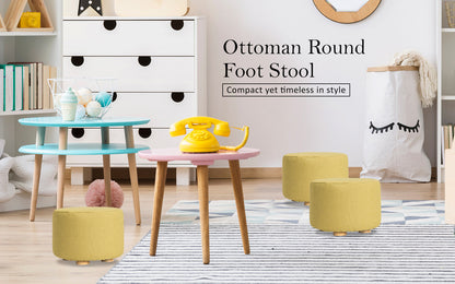 Fabric Ottoman Round Wooden Leg Foot Stool - MUSTARD YELLOW - ShopFrenzy