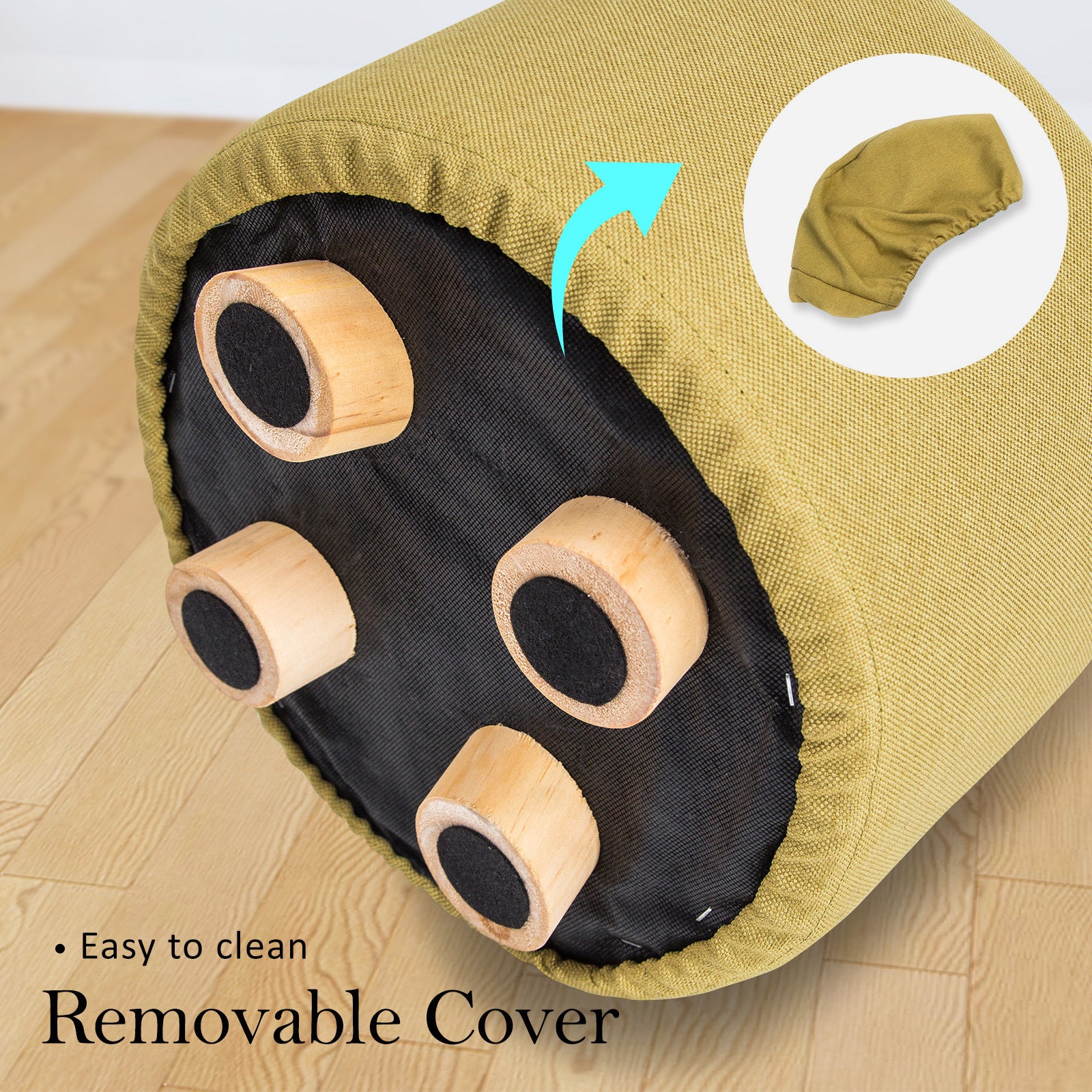 Fabric Ottoman Round Wooden Leg Foot Stool - MUSTARD YELLOW - ShopFrenzy