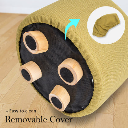 Fabric Ottoman Round Wooden Leg Foot Stool - MUSTARD YELLOW - ShopFrenzy