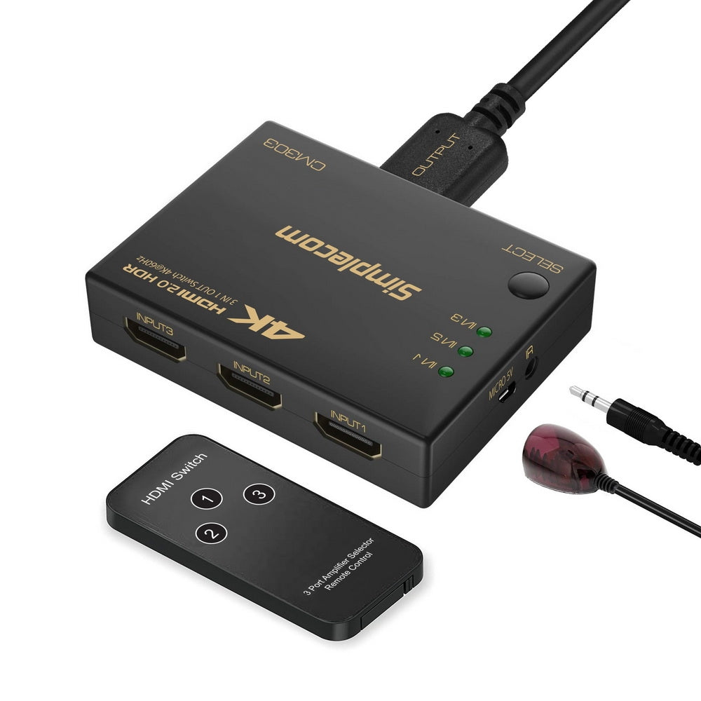 Simplecom CM303 Ultra HD 3 Way HDMI Switch 3 IN 1 OUT Splitter 4K@60Hz - ShopFrenzy
