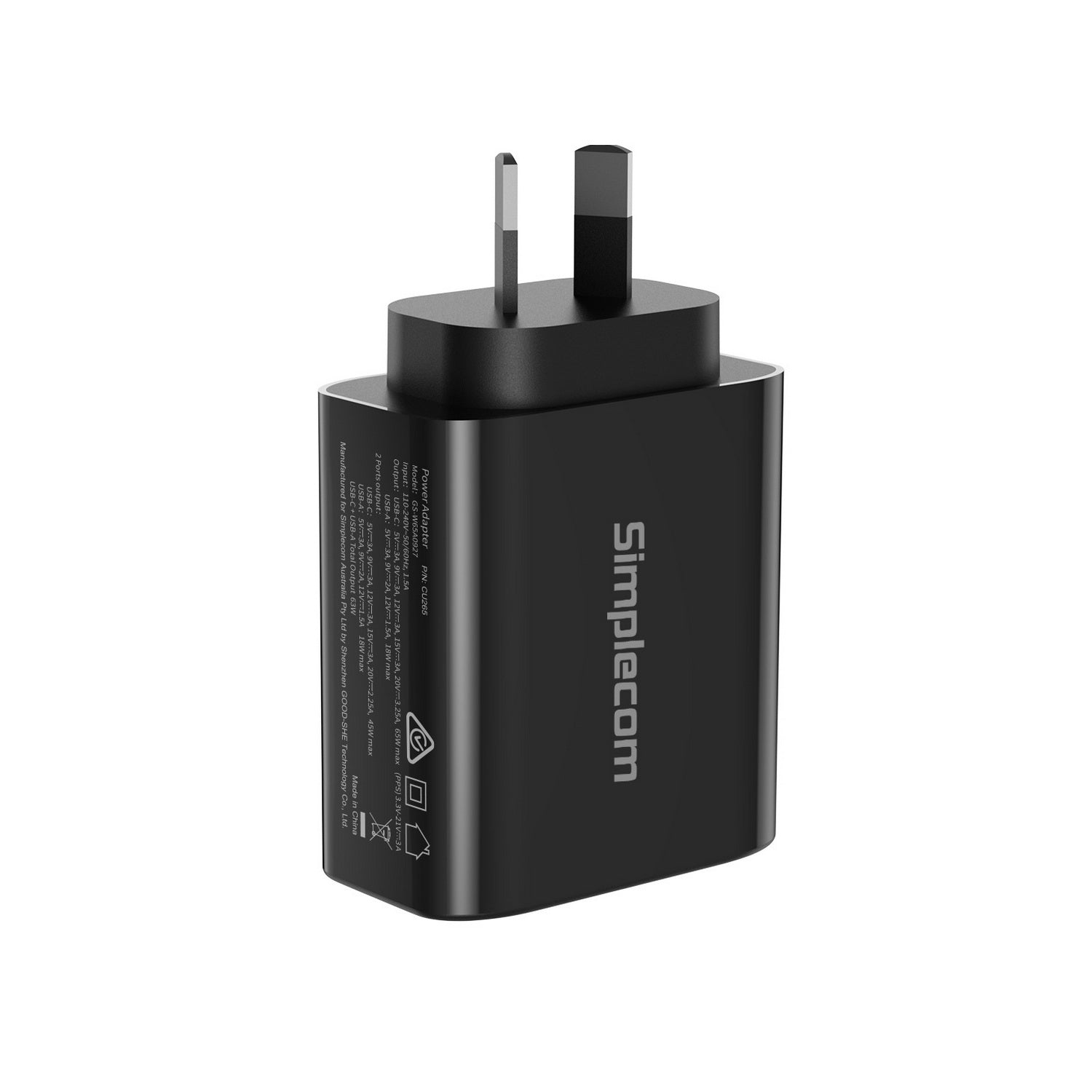 Simplecom CU265 Dual Port PD 65W GaN Fast Wall Charger USB-C + USB-A for Phone Laptop - ShopFrenzy