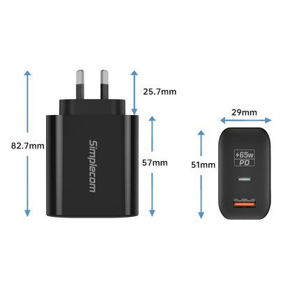 Simplecom CU265 Dual Port PD 65W GaN Fast Wall Charger USB-C + USB-A for Phone Laptop - ShopFrenzy