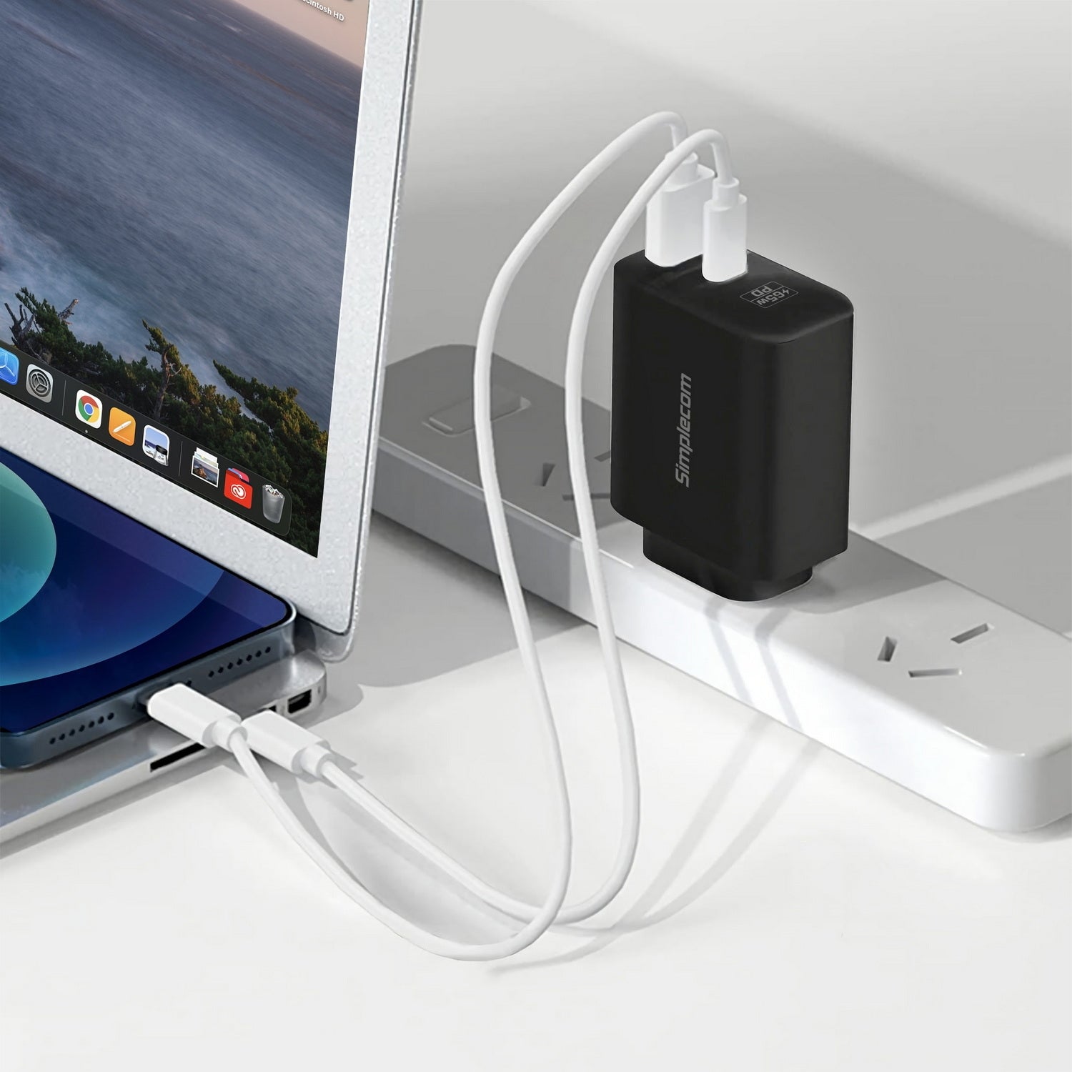 Simplecom CU265 Dual Port PD 65W GaN Fast Wall Charger USB-C + USB-A for Phone Laptop - ShopFrenzy