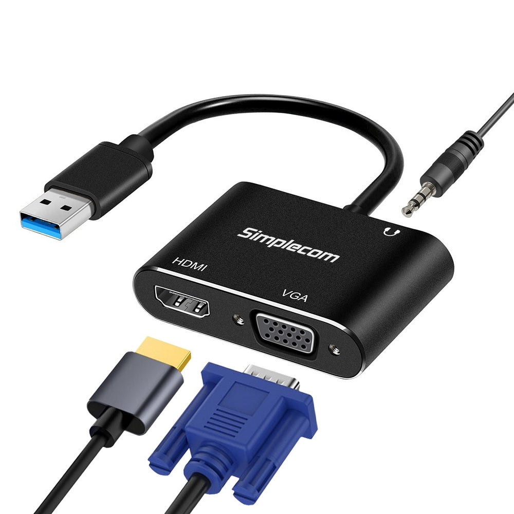 Simplecom DA316A USB to HDMI + VGA Video Card Adapter with 3.5mm Audio - ShopFrenzy