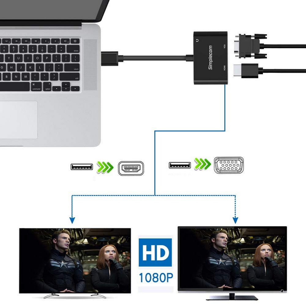 Simplecom DA316A USB to HDMI + VGA Video Card Adapter with 3.5mm Audio - ShopFrenzy