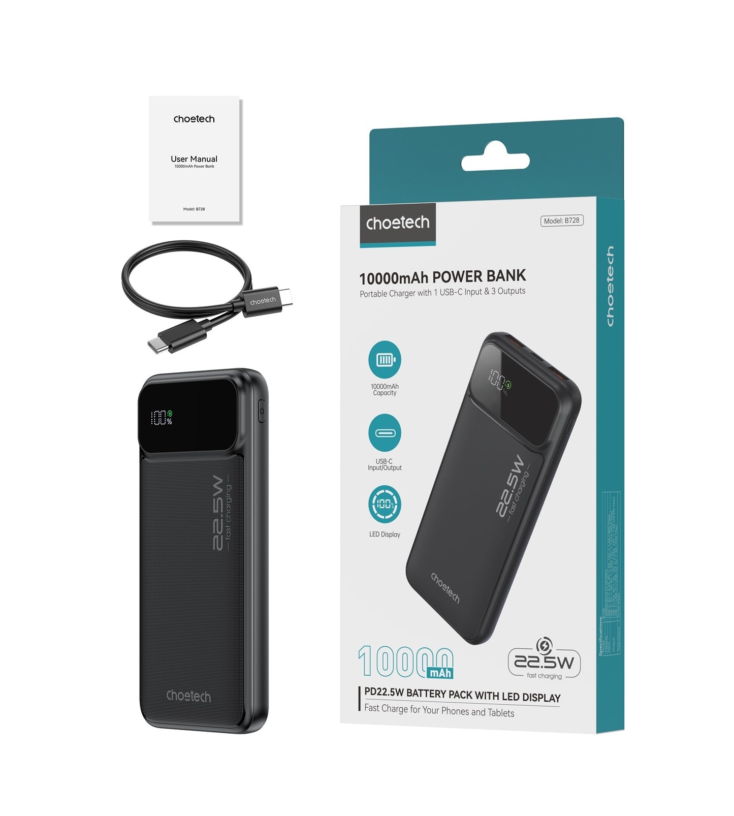 CHOETECH B728 10000mAh Power Bank PD22.5W with Digital Display - ShopFrenzy