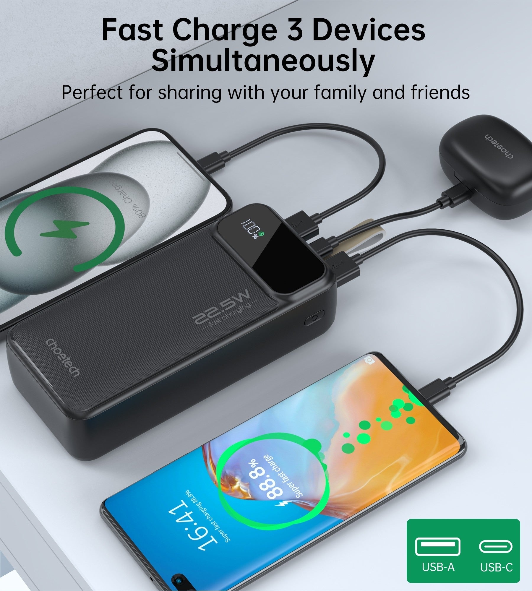 CHOETECH B730 30000mAh Power Bank PD22.5W with Digital Display - ShopFrenzy