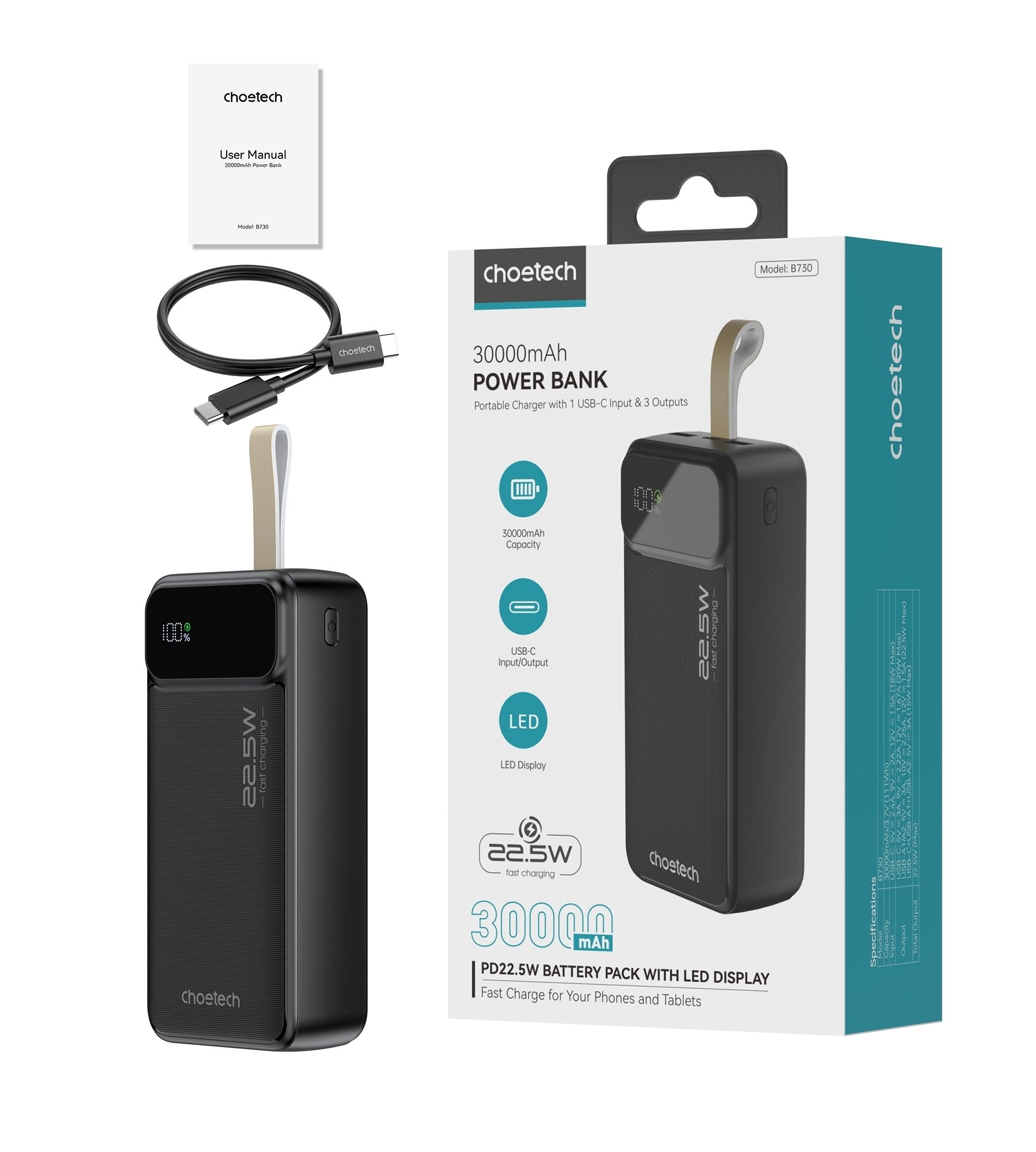 CHOETECH B730 30000mAh Power Bank PD22.5W with Digital Display - ShopFrenzy