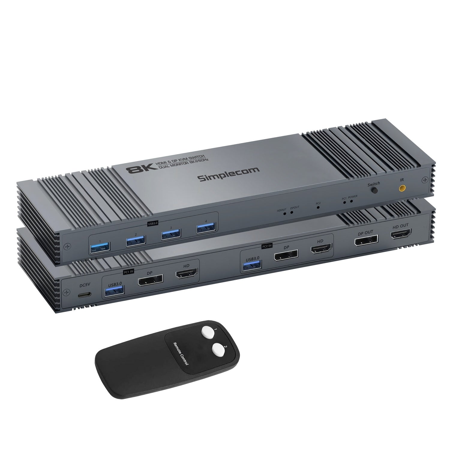 Simplecom KM490 HDMI and DisplayPort Dual Monitor KVM Switch for 2 Computers with 4-Port USB 3.0 Hub 5Gbps 8K@60Hz - ShopFrenzy