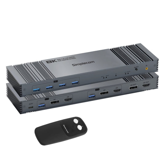 Simplecom KM490 HDMI and DisplayPort Dual Monitor KVM Switch for 2 Computers with 4-Port USB 3.0 Hub 5Gbps 8K@60Hz - ShopFrenzy