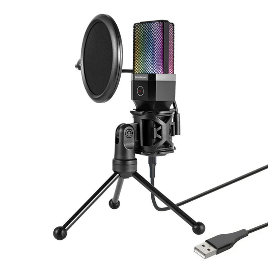 Simplecom UM650 USB Cardioid Condenser Microphone Gaming RGB Lights with Tripod & Pop Filter - ShopFrenzy