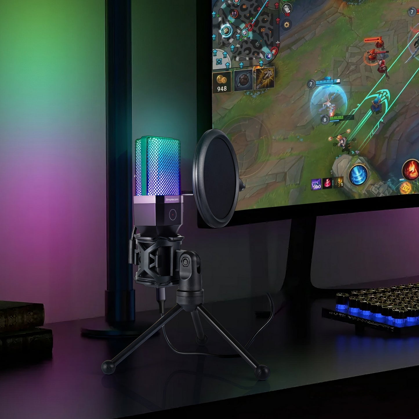 Simplecom UM650 USB Cardioid Condenser Microphone Gaming RGB Lights with Tripod & Pop Filter - ShopFrenzy