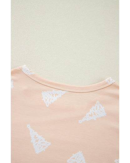 Apricot Christmas Tree Print Loose Fit Two Piece Pajama Set - M