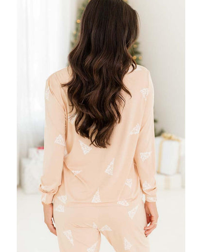 Apricot Christmas Tree Print Loose Fit Two Piece Pajama Set - XL