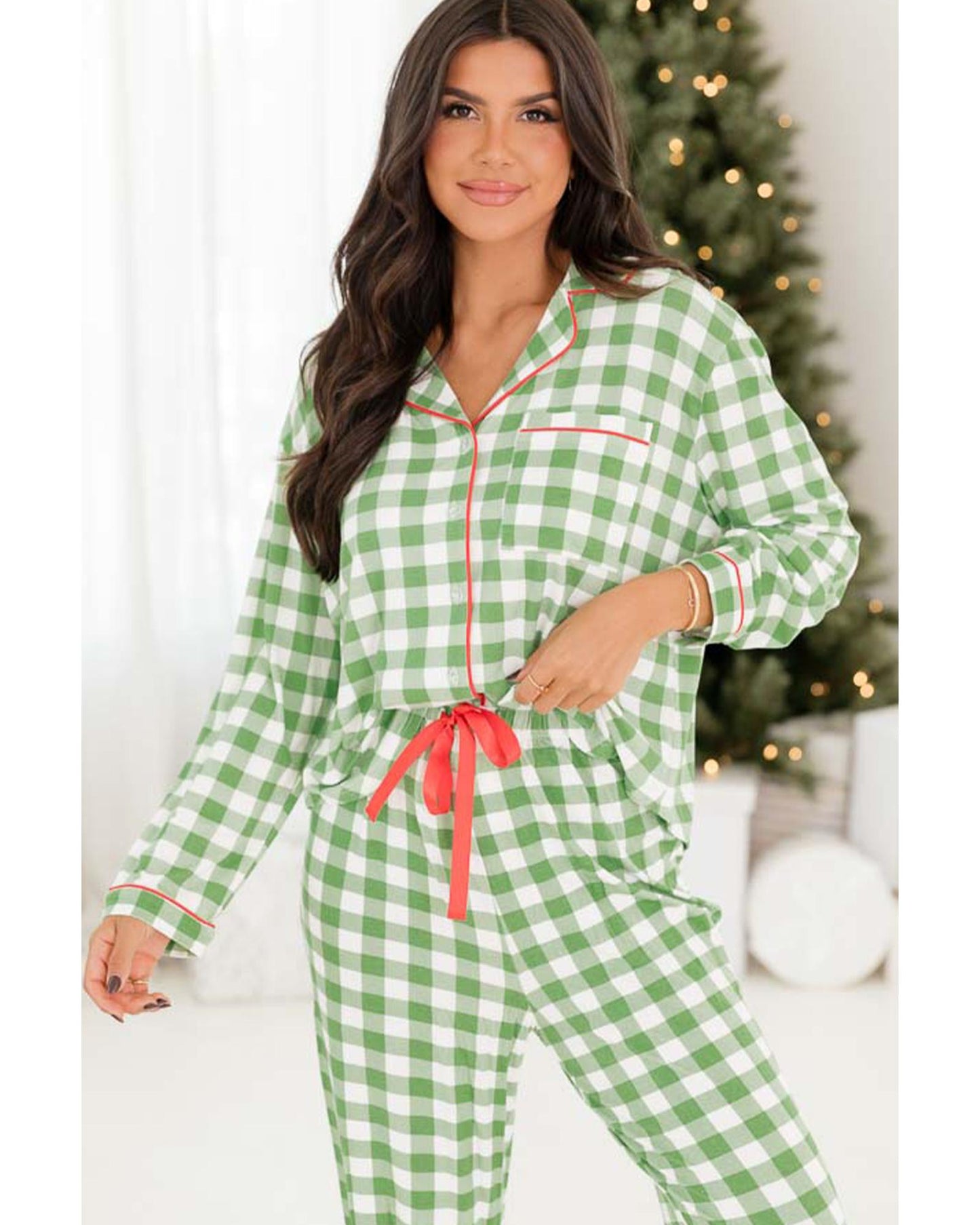 Light Green Christmas Plaid Print Shirt and Pants Pajama Set - M