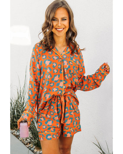 Orange Leopard Print Long Sleeve Shirt and Shorts Pajama Set - S