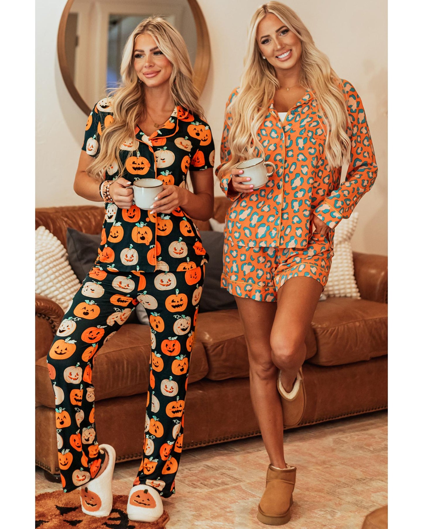 Orange Leopard Print Long Sleeve Shirt and Shorts Pajama Set - S
