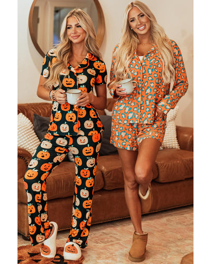 Orange Leopard Print Long Sleeve Shirt and Shorts Pajama Set - S