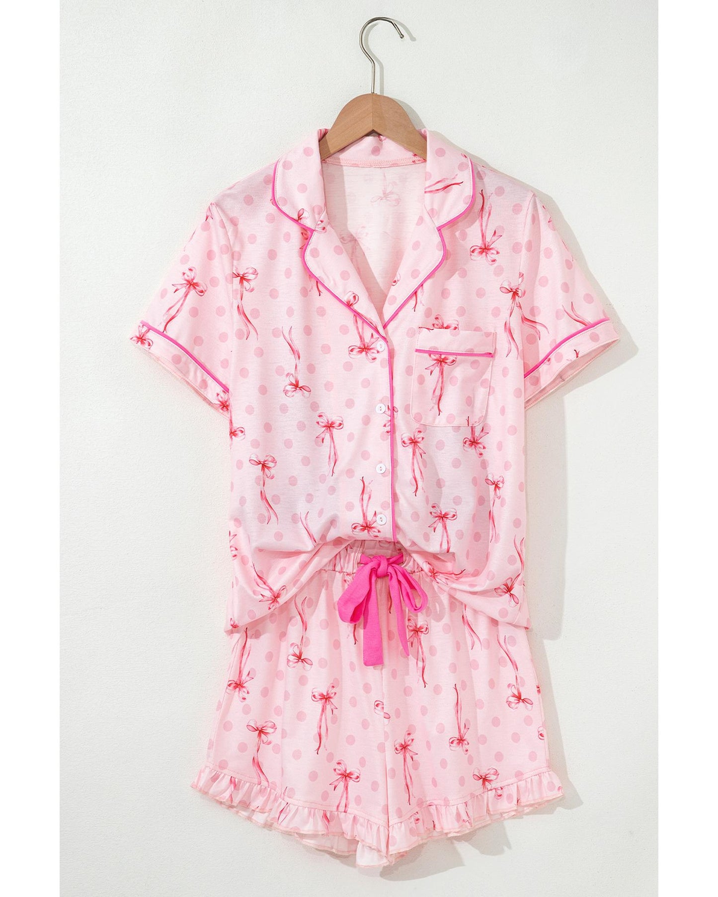 Pink Bow Print Contrast Pipping Short Pajamas Set - L