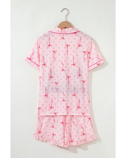 Pink Bow Print Contrast Pipping Short Pajamas Set - L