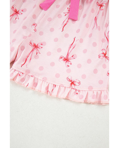 Pink Bow Print Contrast Pipping Short Pajamas Set - L