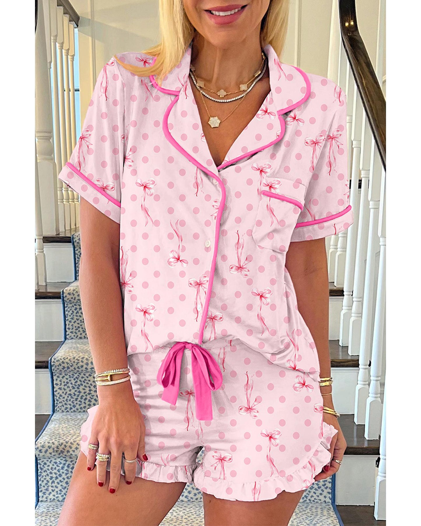 Pink Bow Print Contrast Pipping Short Pajamas Set - S