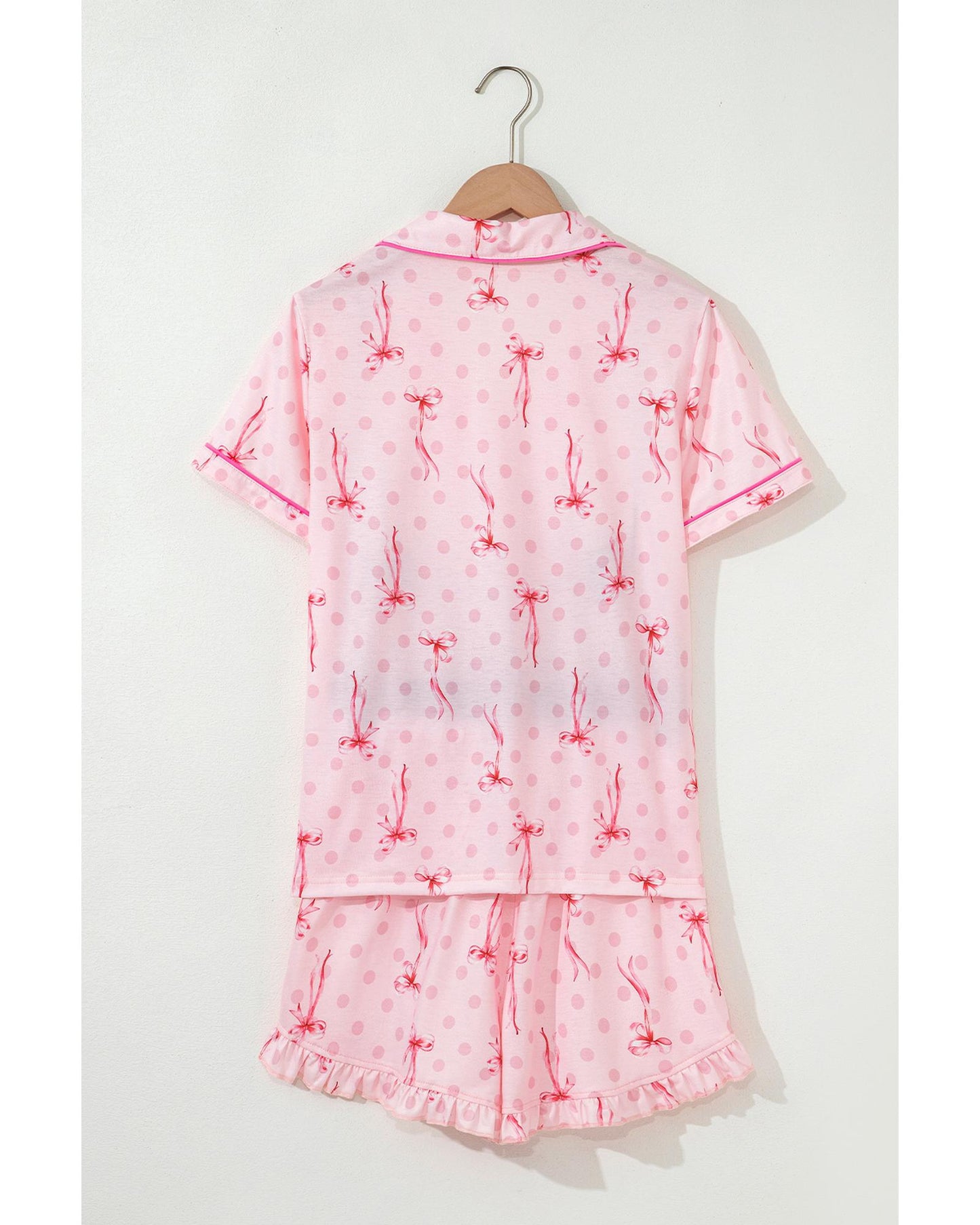 Pink Bow Print Contrast Pipping Short Pajamas Set - S