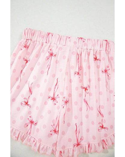 Pink Bow Print Contrast Pipping Short Pajamas Set - S
