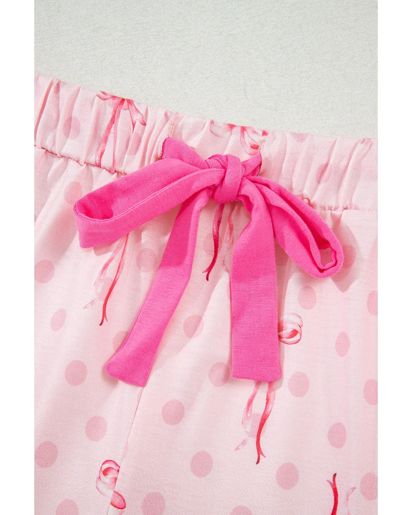 Pink Bow Print Contrast Pipping Short Pajamas Set - S
