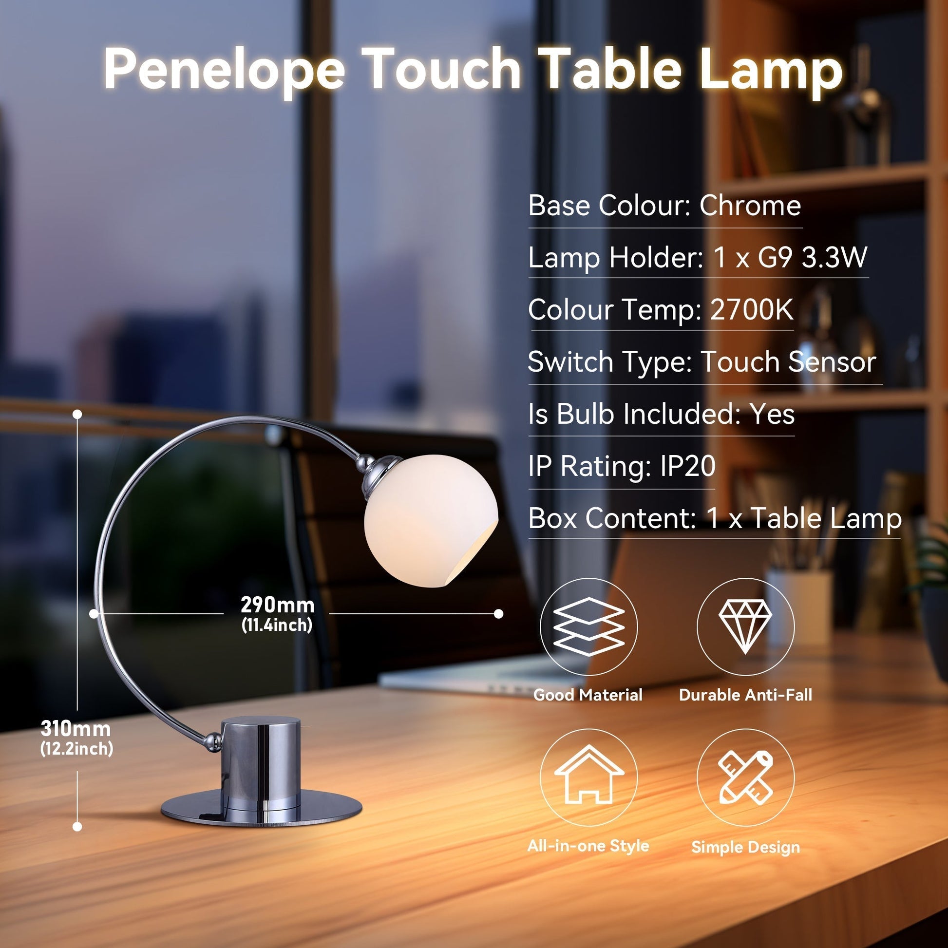 Penelope Touch Table Lamp - Chrome - ShopFrenzy