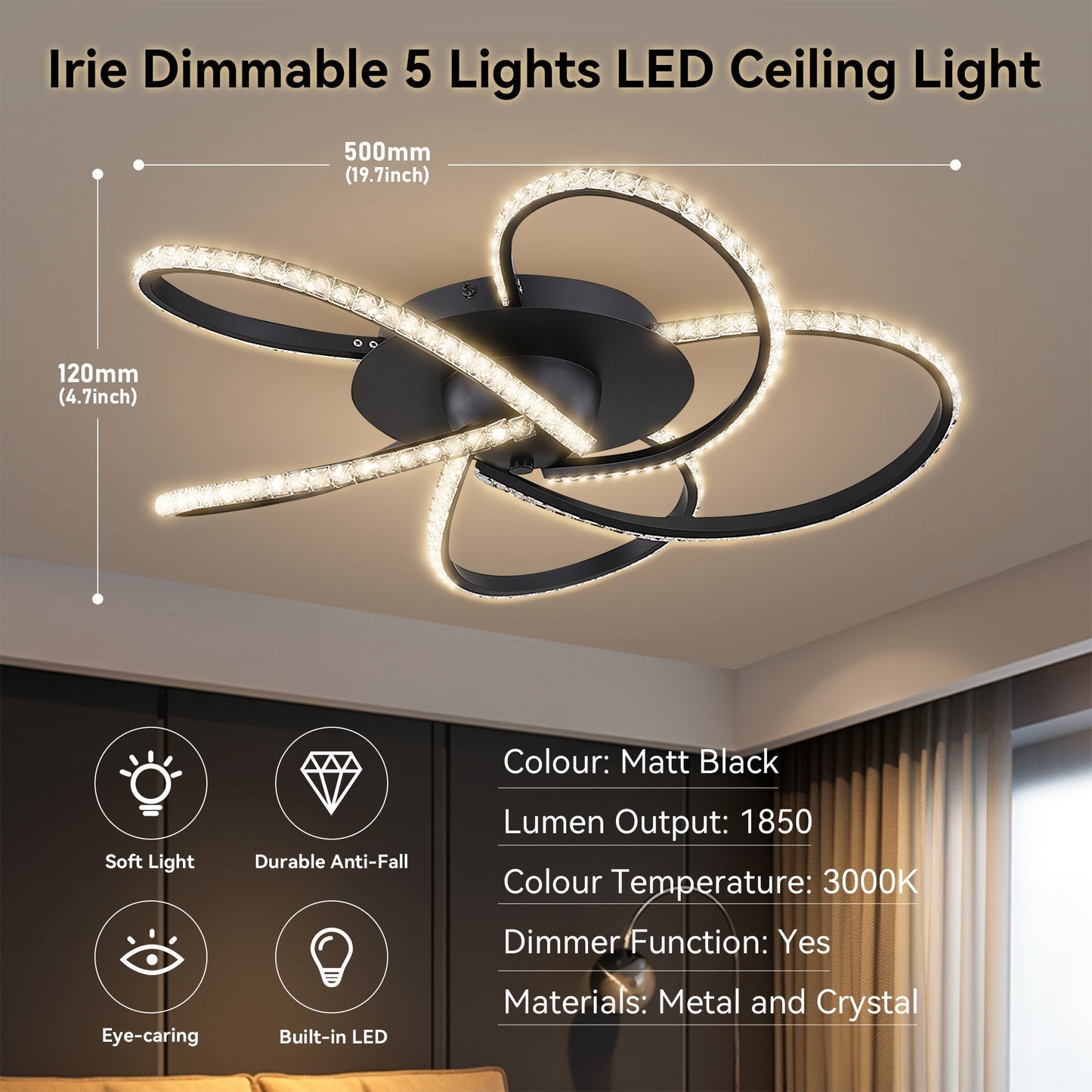 Irie Dimmable 5 Lights LED Ceiling Light - Black - ShopFrenzy