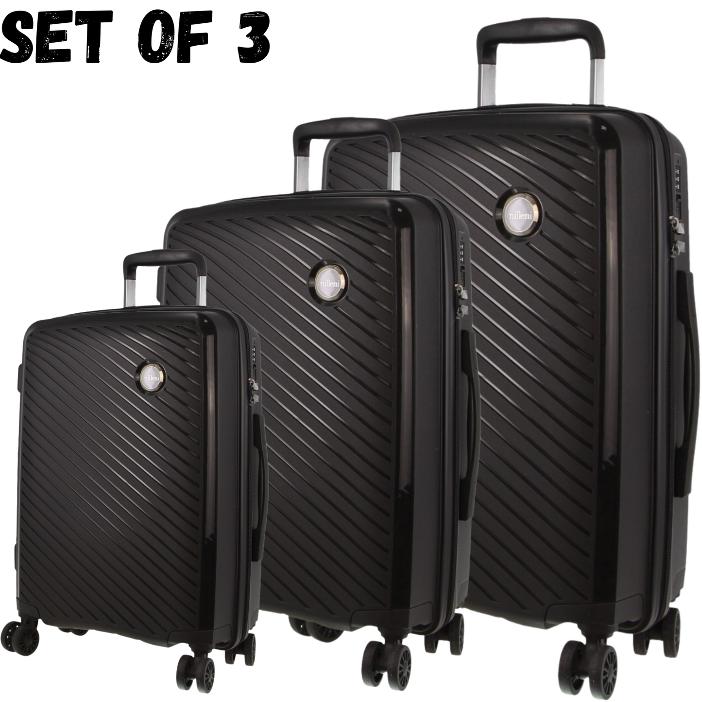 Milleni Hardshell 3-Piece Luggage Bag Travel Carry On Suitcase - Black - ShopFrenzy