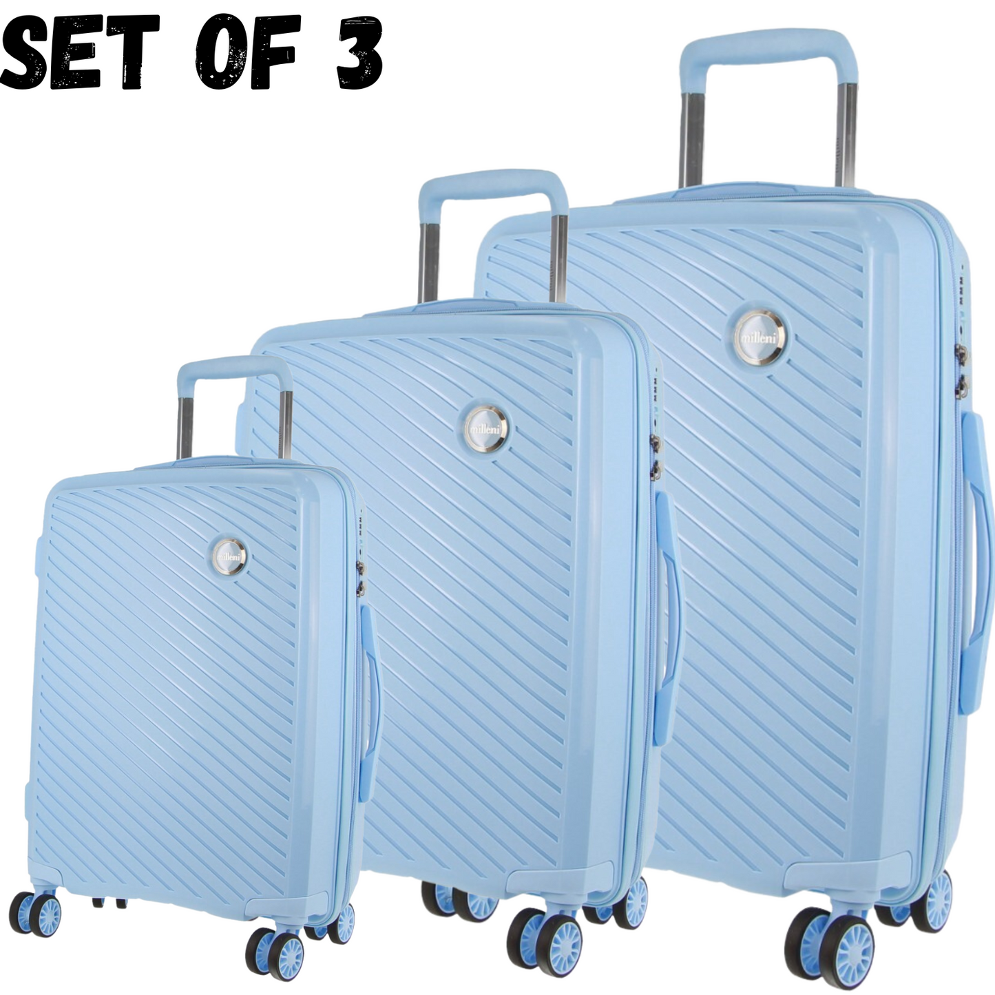 Milleni Hardshell 3-Piece Luggage Bag Travel Carry On Suitcase - Blue - ShopFrenzy