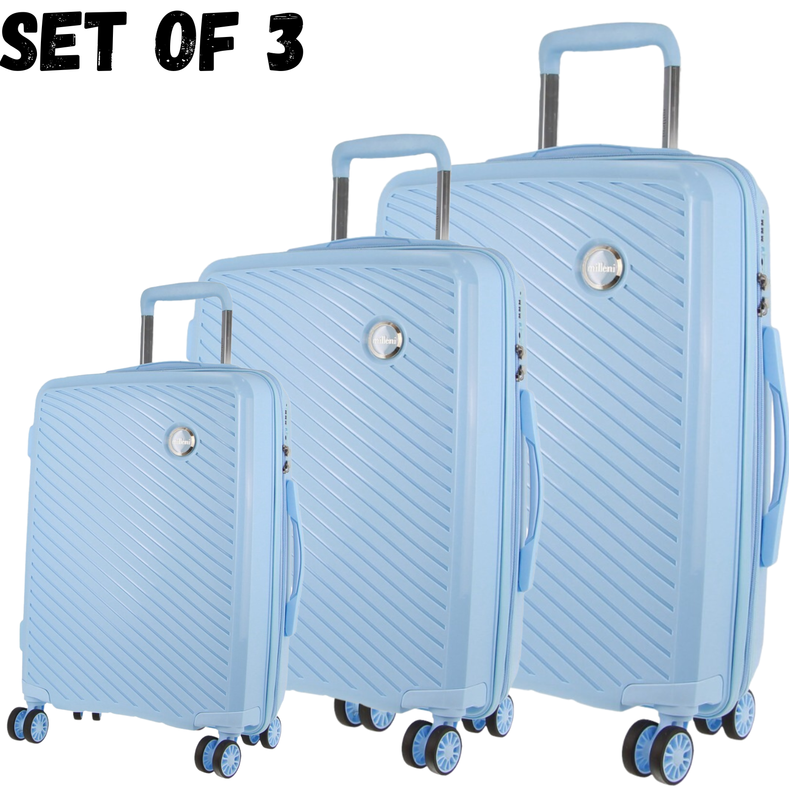 Milleni Hardshell 3-Piece Luggage Bag Travel Carry On Suitcase - Blue - ShopFrenzy